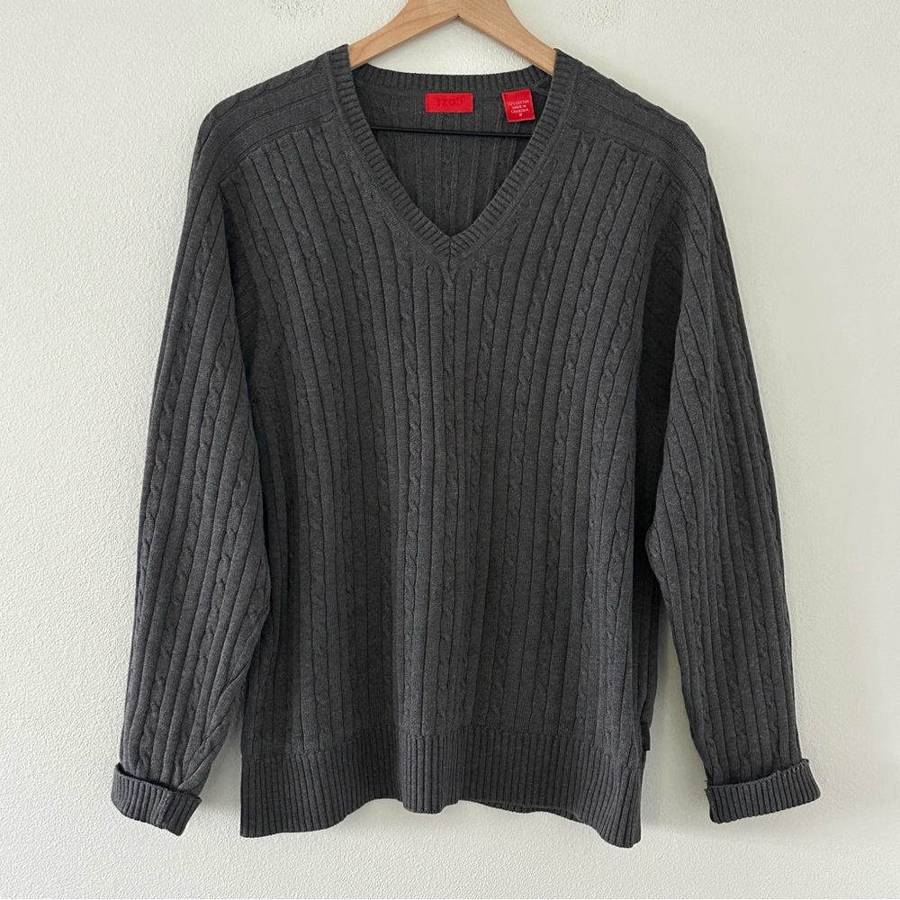Izod Mens Cable Knit Sweater Grey Long Sleeve Pullover Size M Preppy 100% Cotton